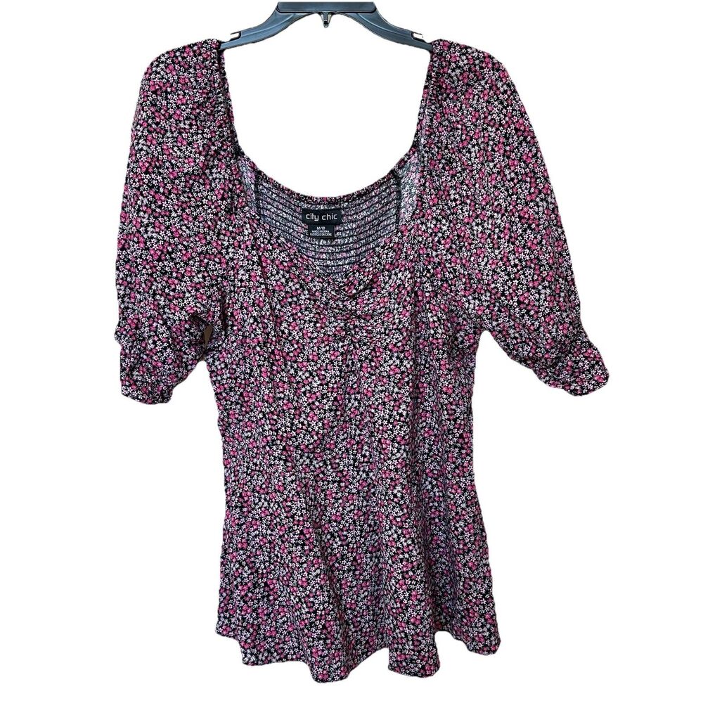 City Chic Babydoll Top M 18 Ditsy Floral Short Puff Sleeve Smock Cottage Peasant